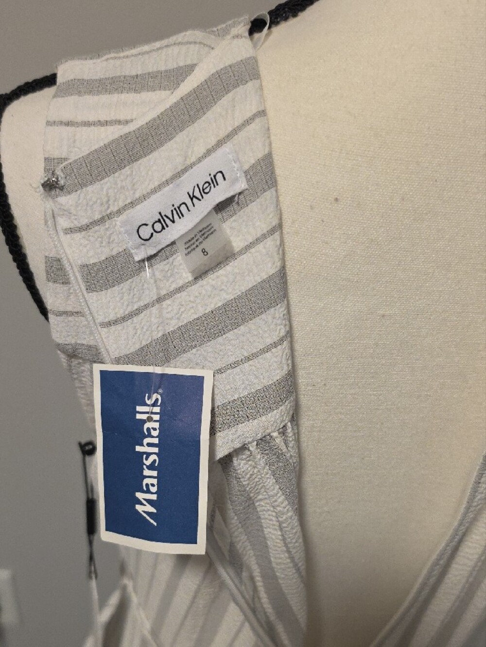 Calvin Klein White and Light Gray Striped Wrap Maxi Dress with Tie Waist - Picture 9 of 16
